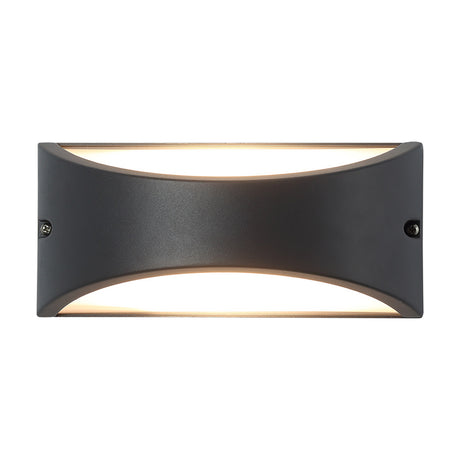 Skelly 10W IP54 outdoor wall light in anthracite, rectangular aluminium body with curved opal diffuser panels, mounting screws visible, shown on a plain white background.