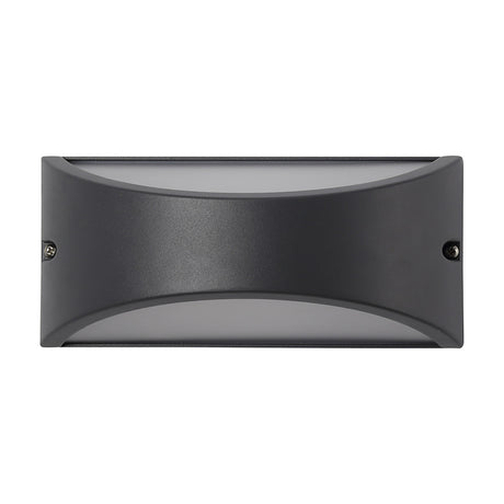 Skelly 10W IP54 outdoor wall light in anthracite, a compact rectangular aluminium fixture with an opal white diffuser and visible mounting screws, shown on a plain white background.