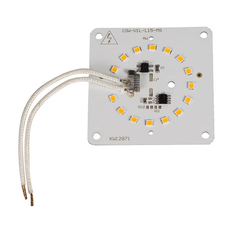Replacement LED module, a square white circuit board with a circular arrangement of warm-white LED diodes and two white connecting wires, shown on a plain background.