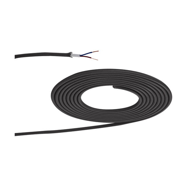Cavo Braided Copper Cable, coiled 2 core 0.75mm grey fabric-covered flex with stripped end showing blue and brown copper wires, on a plain white background.