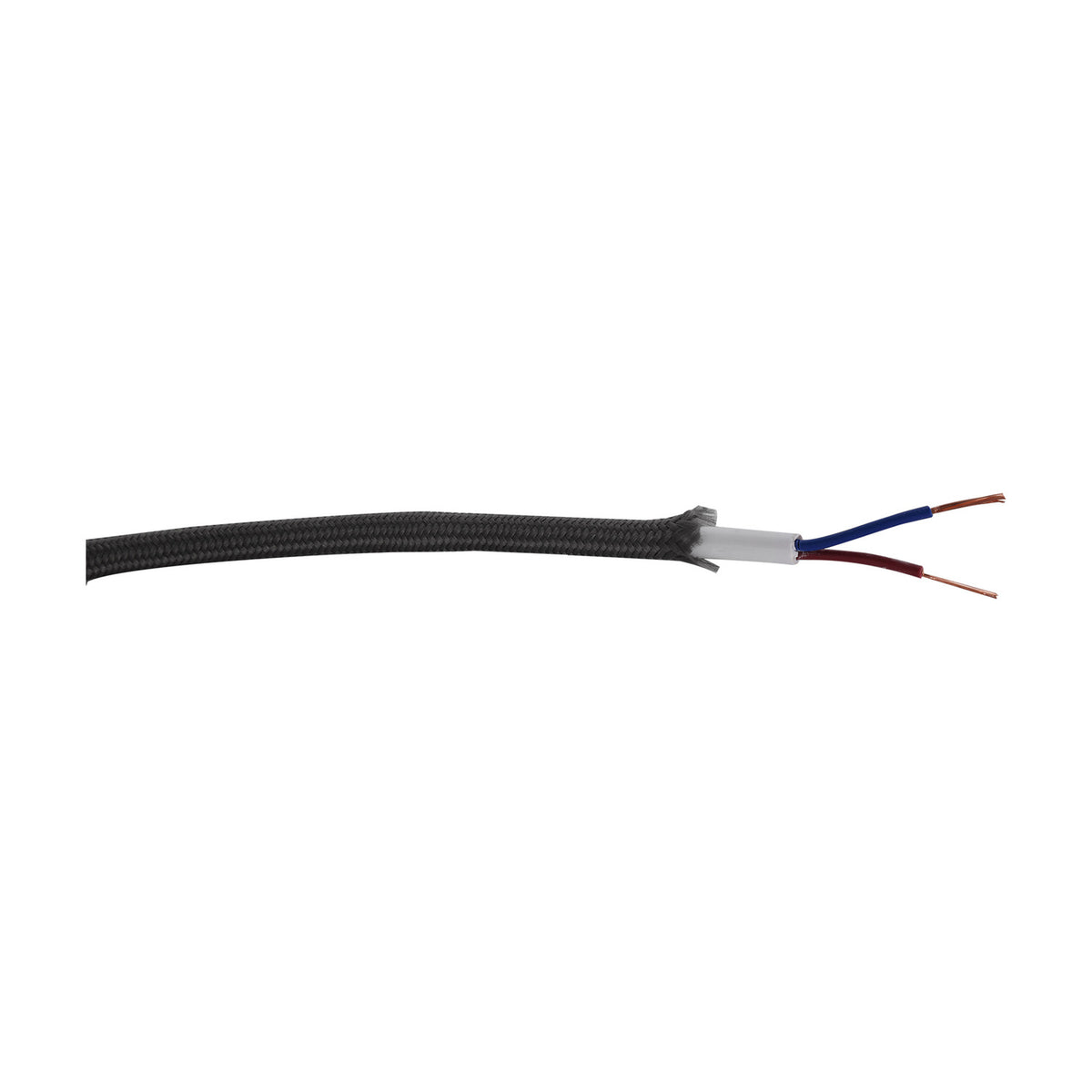 Cavo braided lighting cable with grey woven outer sheath, stripped to reveal white PVC inner and two core copper wires with blue and red insulation, on a white background.