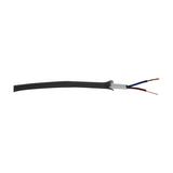 Cavo braided lighting cable with grey woven outer sheath, stripped to reveal white PVC inner and two core copper wires with blue and red insulation, on a white background.