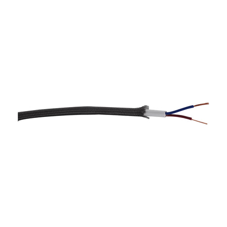 Cavo braided lighting cable with grey woven outer sheath, stripped to reveal white PVC inner and two core copper wires with blue and red insulation, on a white background.