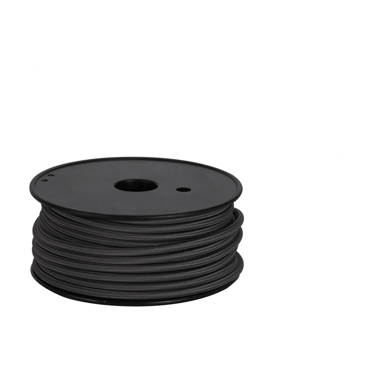 Cavo Braided Copper Cable, a spool of grey woven 2 core 0.75mm fabric flex on a black reel, shown on a plain white background.