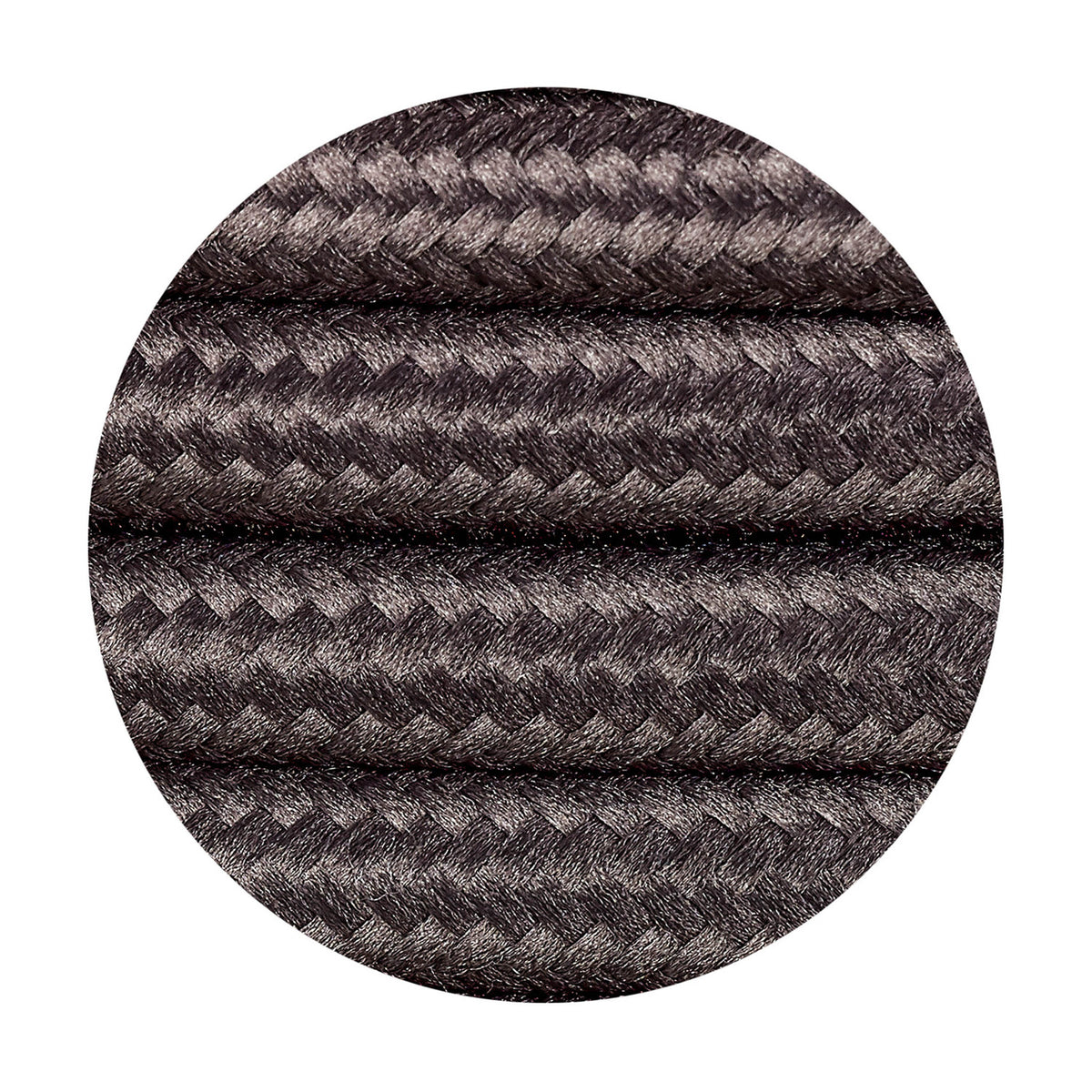 Close-up of Cavo braided copper cable, a grey woven 2-core 0.75mm fabric flex shown in a circular crop against a white background.