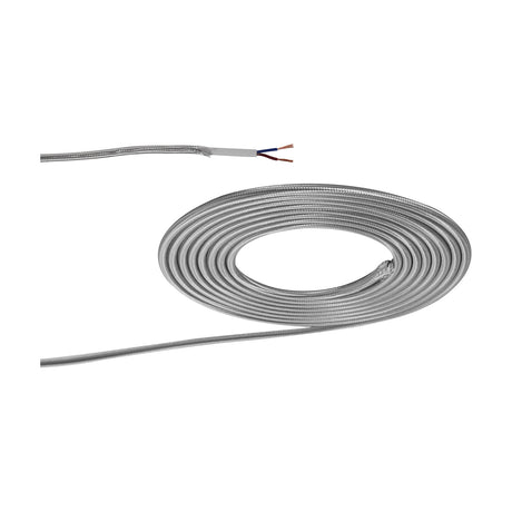 Cavo Cable, a round silver braided flex coiled on a white background, with one end stripped to show two insulated copper cores, 6mm diameter.