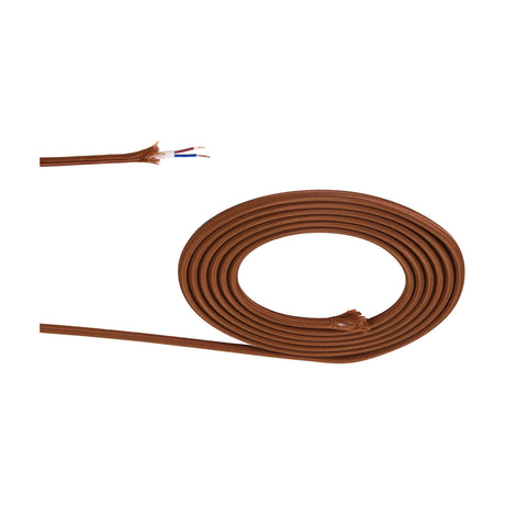 Cavo Cable, dark brown braided fabric flex coiled on a white background, showing the 6mm two-core cable with frayed end revealing red and blue inner wires.