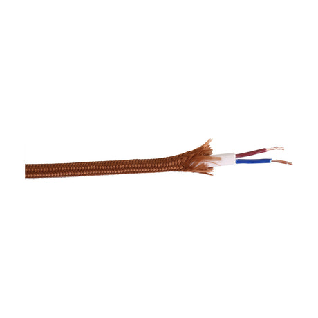Cavo Cable 6mm dia braided flex lighting cord in dark brown, showing frayed fabric sleeve and exposed two-core copper wires with red and blue insulation, on a plain white background.