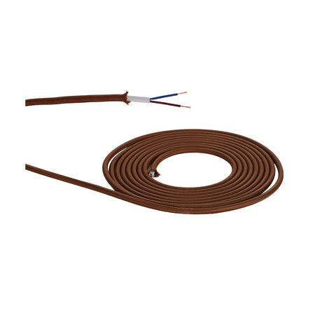 Cavo Cable 6mm dia, 1m drop, coiled red brown fabric-braided two-core flex with stripped end showing blue and brown copper wires, on a plain white background.