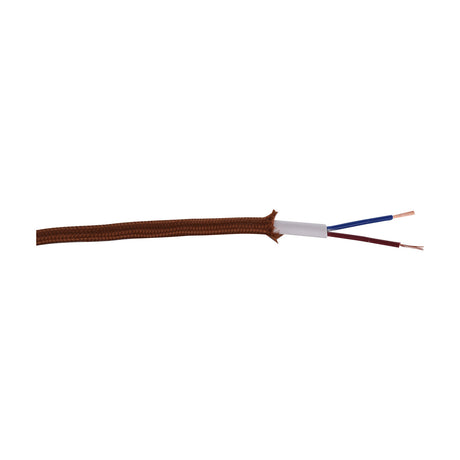 Cavo Cable 6mm Dia fabric braided flex in red brown weave, with the end stripped to show white inner sheath and two bare copper wire cores, shown on a plain white background.