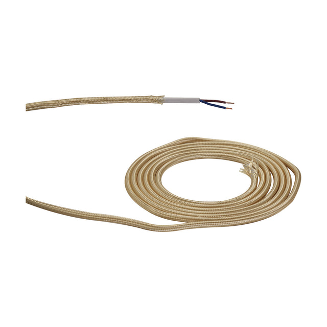 Cavo Braided Copper Cable, a gold fabric-covered 2-core 0.75mm flex shown as a stripped end with white inner sheath and bare wires, plus a coiled length on a plain white background.