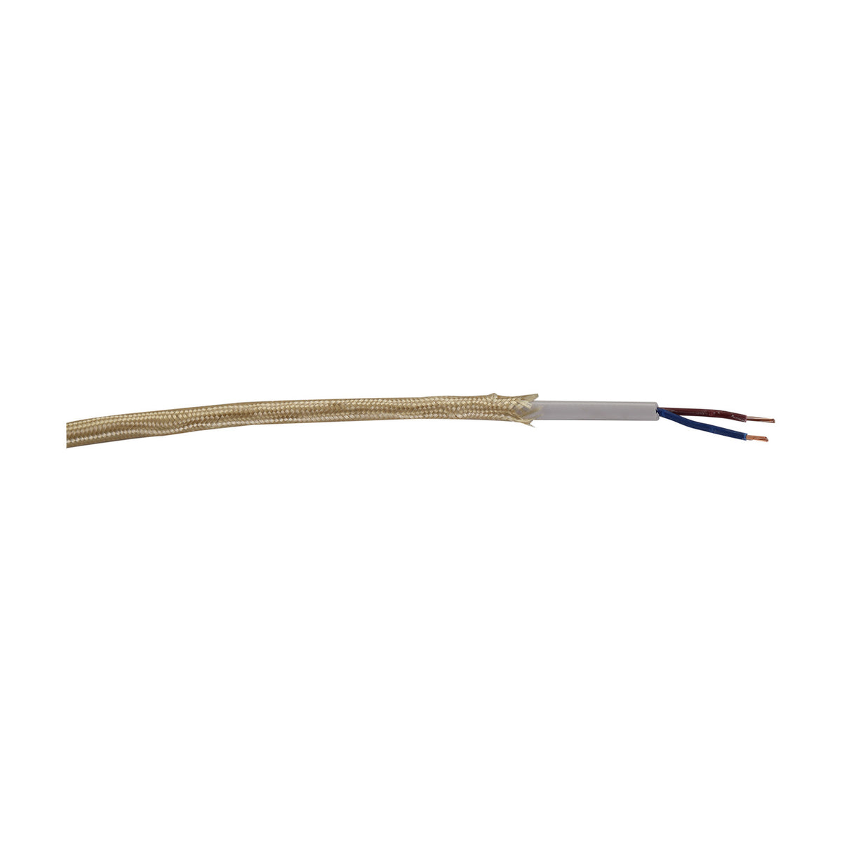 Cavo Braided Copper Cable, a gold fabric-braided two-core 0.75mm flex with white PVC inner sheath exposing blue and brown copper wires, shown against a plain white background.