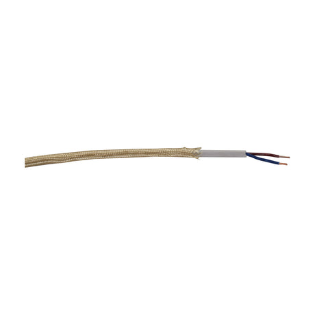 Cavo Braided Copper Cable, a gold fabric-braided two-core 0.75mm flex with white PVC inner sheath exposing blue and brown copper wires, shown against a plain white background.