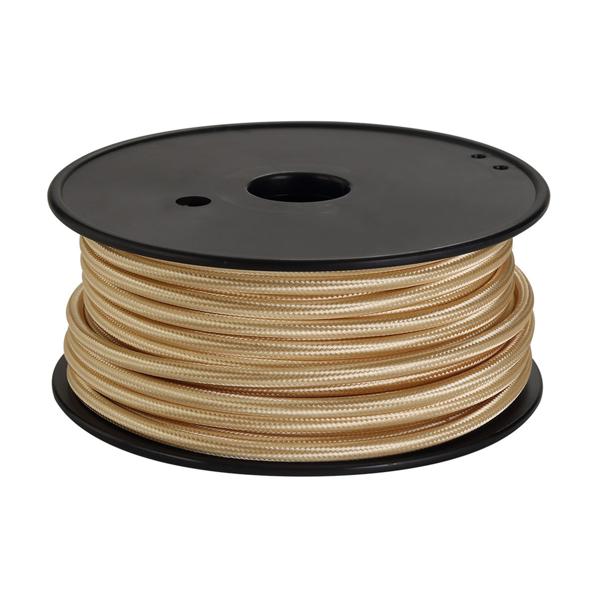 Cavo Braided Copper Cable, a 2 core 0.75mm gold fabric-braided flex wound on a black spool, shown against a plain white background.