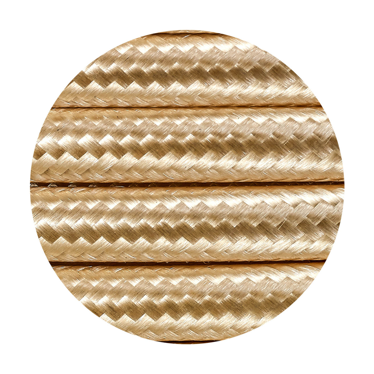 Close-up of Cavo braided copper cable, 2 core 0.75mm, in a gold woven fabric sleeve, shown as parallel lengths against a plain white background.