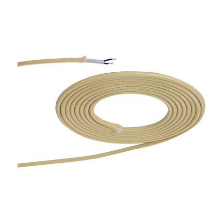 Cavo Cable, a beige fabric-braided two-core lighting flex coiled on a white background, with one end stripped to show twin copper conductors.
