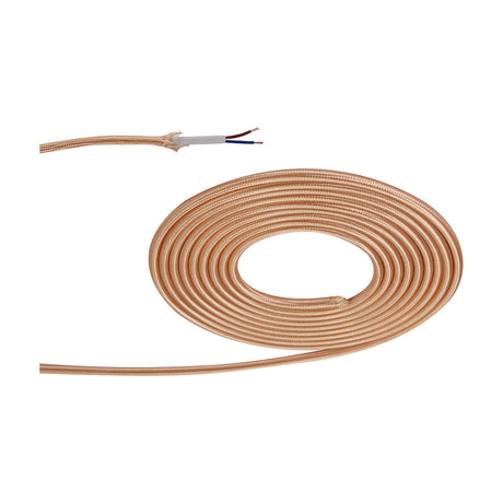 Cavo Cable 6mm Dia fabric-braided flex in rose gold, coiled with stripped end showing brown and blue conductor wires, on a plain white background.