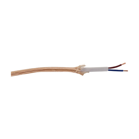 Cavo Cable lighting flex in rose gold braid over a white two-core cord, 6mm diameter, shown stripped to reveal brown and blue conductors on a plain white background.