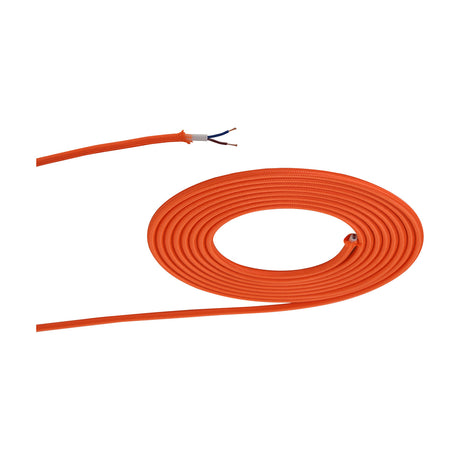 Cavo Cable 6mm Dia 1m Drop in orange braided fabric flex, coiled with one stripped end showing two exposed copper cores, on a plain white background.