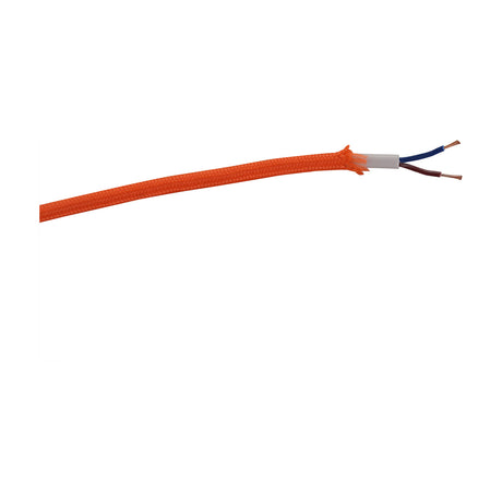 Cavo Cable 6mm Dia 1m Drop in orange braided fabric flex, with stripped end showing white inner sheath and exposed blue and brown copper cores, shown on a plain white background.