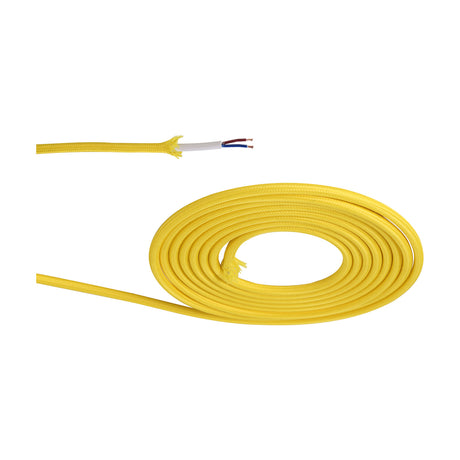 Cavo Cable, a 6mm diameter yellow fabric-braided two-core round flex, shown coiled and with a stripped end revealing white inner sheath and copper wires, on a white background.