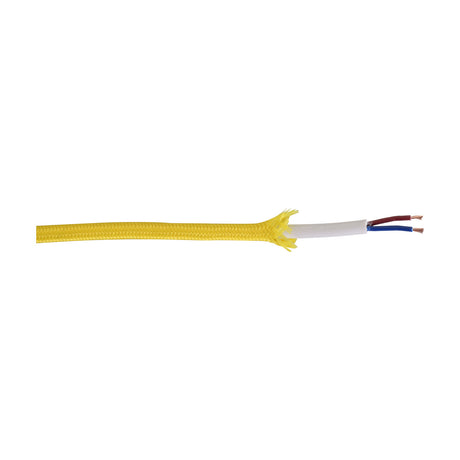Cavo Cable 6mm Dia 1m Drop in yellow, a braided fabric-sleeved flex cable with stripped end showing white inner sheath and two-core wiring, shown on a white background.