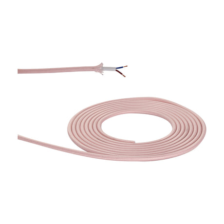 Cavo pink braided fabric flex cable, 6mm diameter, coiled on a white background with one end stripped to show twin copper cores.