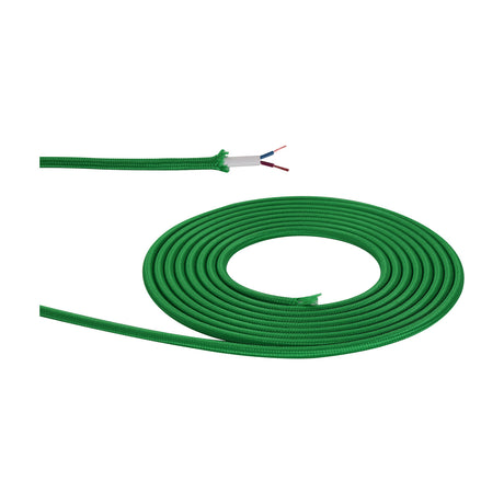 Cavo Cable 6mm Dia 1m Drop in green braided fabric, coiled on a white background with a stripped end showing the white inner sheath and two-core wiring.