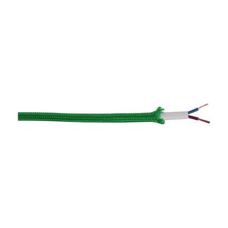Cavo Cable 6mm Dia 1m Drop in green braided fabric flex, stripped end revealing white inner sheath and two-core copper wires, shown on a plain white background.