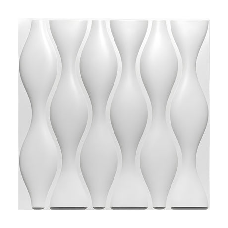 White PVC 3D wall panel, 50 x 50cm, featuring six rounded vase-shaped columns with smooth swelling curves and interlocking channels, shown on a plain background.