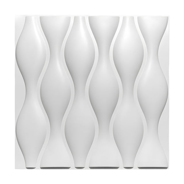 White PVC 3D wall panel, 50 x 50cm, featuring six rounded vase-shaped columns with smooth swelling curves and interlocking channels, shown on a plain background.