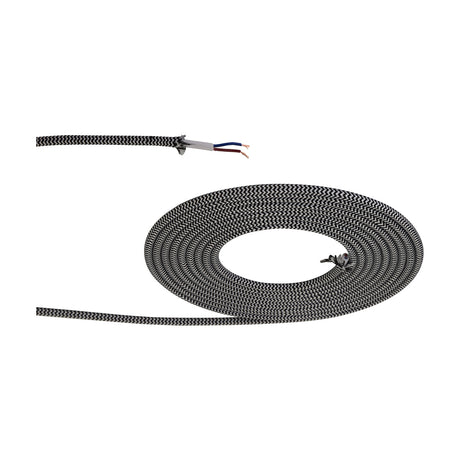 Cavo Wave Stripe braided flex cable, 2 core 0.75mm copper, black and white pattern, shown coiled with stripped end exposing blue and brown wires on a white background.