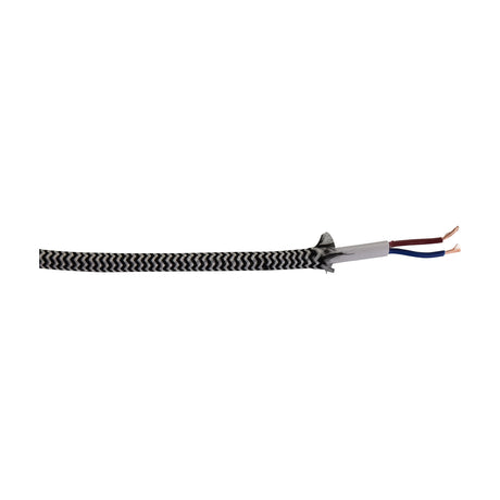 Cavo Wave Stripe braided 2 core 0.75mm cable in black and white, shown stripped at one end revealing brown and blue copper wires, on a plain white background.