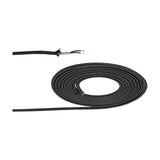 Cavo Spot braided two-core flex cable coiled on a white background, black and white speckled fabric sleeve with stripped end showing white and blue 0.75mm copper conductors.