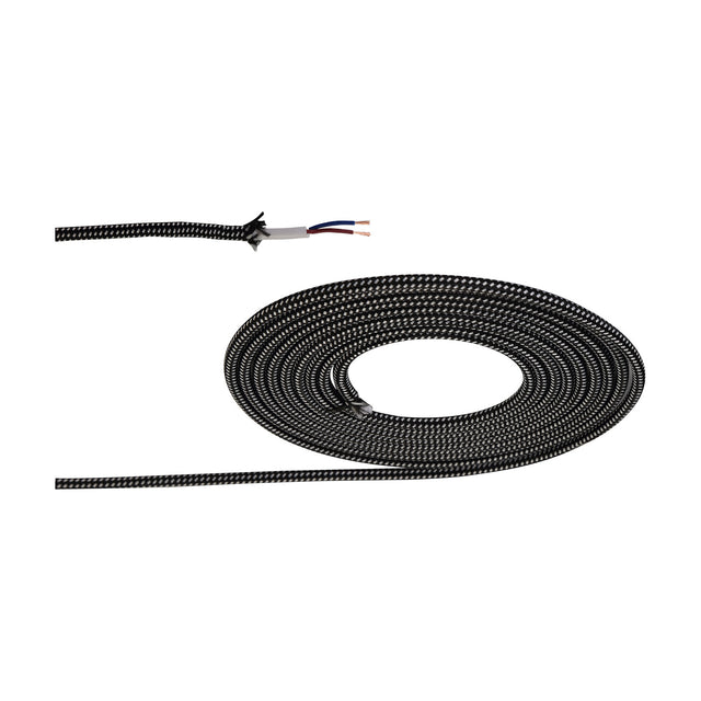 Cavo Spot braided two-core flex cable coiled on a white background, black and white speckled fabric sleeve with stripped end showing white and blue 0.75mm copper conductors.