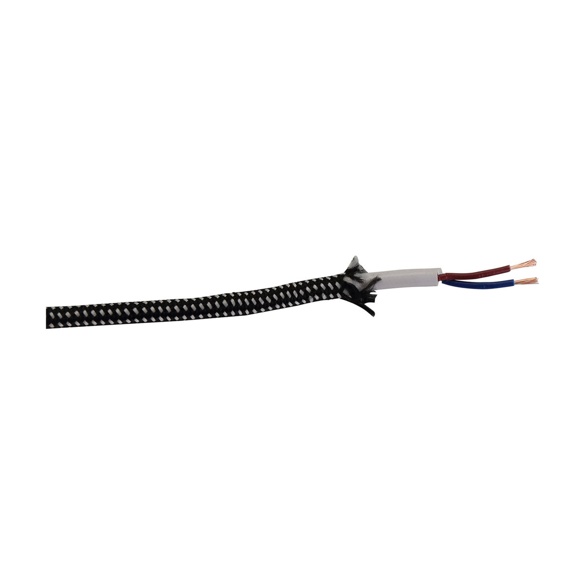 Cavo Spot braided two-core flex cable with black-and-white woven fabric sleeve, stripped end showing white PVC inner sheath and exposed red and blue 0.75mm copper wires, on a plain white background.