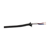 Cavo Spot braided two-core flex cable with black-and-white woven fabric sleeve, stripped end showing white PVC inner sheath and exposed red and blue 0.75mm copper wires, on a plain white background.