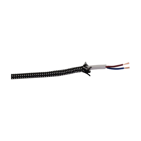 Cavo Spot braided two-core flex cable with black-and-white woven fabric sleeve, stripped end showing white PVC inner sheath and exposed red and blue 0.75mm copper wires, on a plain white background.