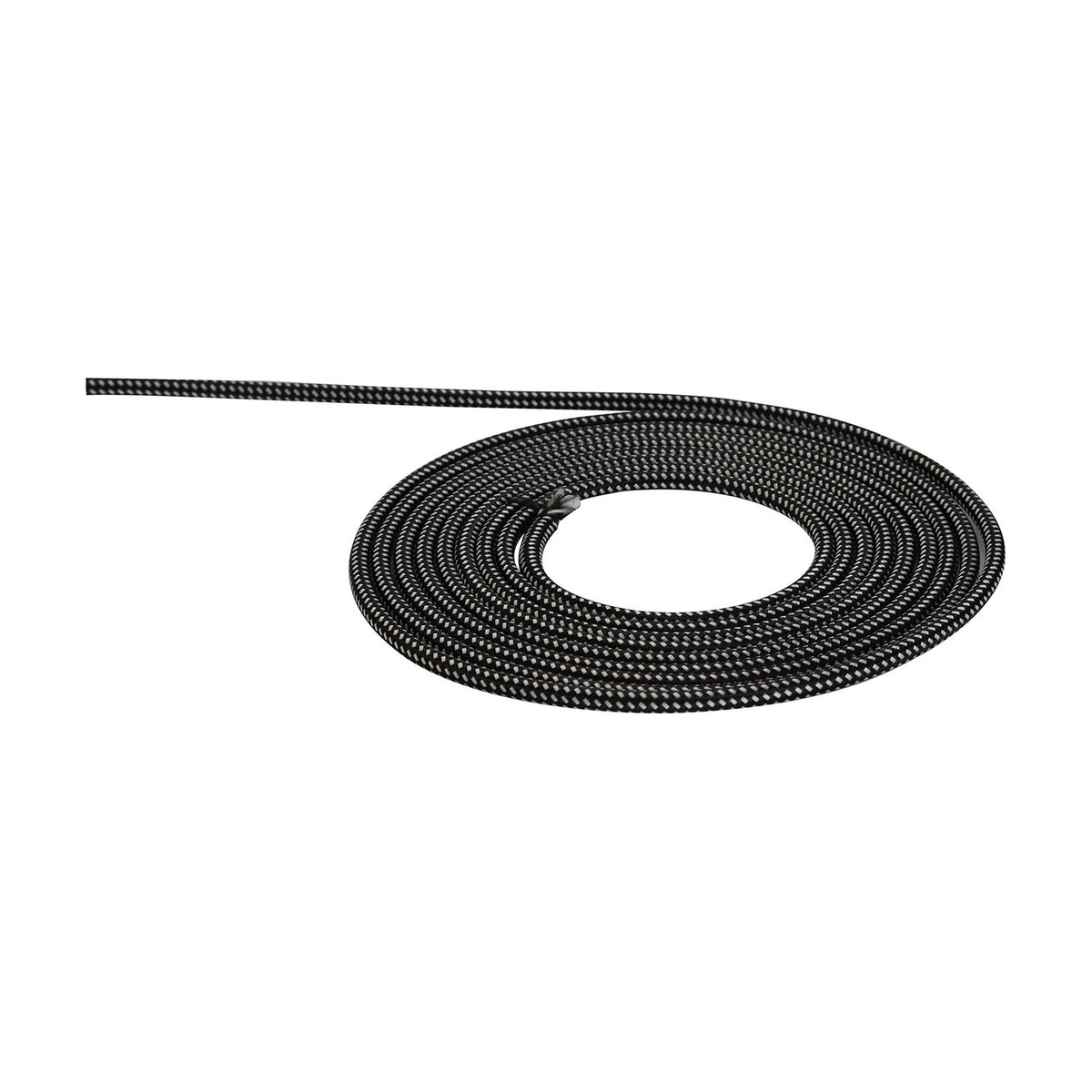 Cavo Spot braided two-core flex cable coiled on a plain white background, showing the black and white speckled woven sleeve, 0.75mm copper conductors.