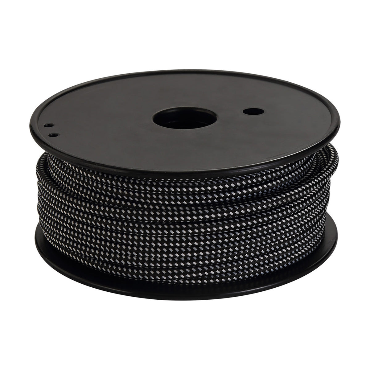 Spool of Cavo braided two-core copper cable, 0.75mm, with a black and white speckled fabric sleeve wound around a black plastic reel on a plain background.