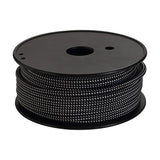 Spool of Cavo braided two-core copper cable, 0.75mm, with a black and white speckled fabric sleeve wound around a black plastic reel on a plain background.