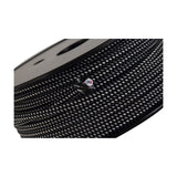 Close-up of Cavo braided two core flex cable in black and white fabric weave, wound on a spool with the stripped copper conductor end visible.