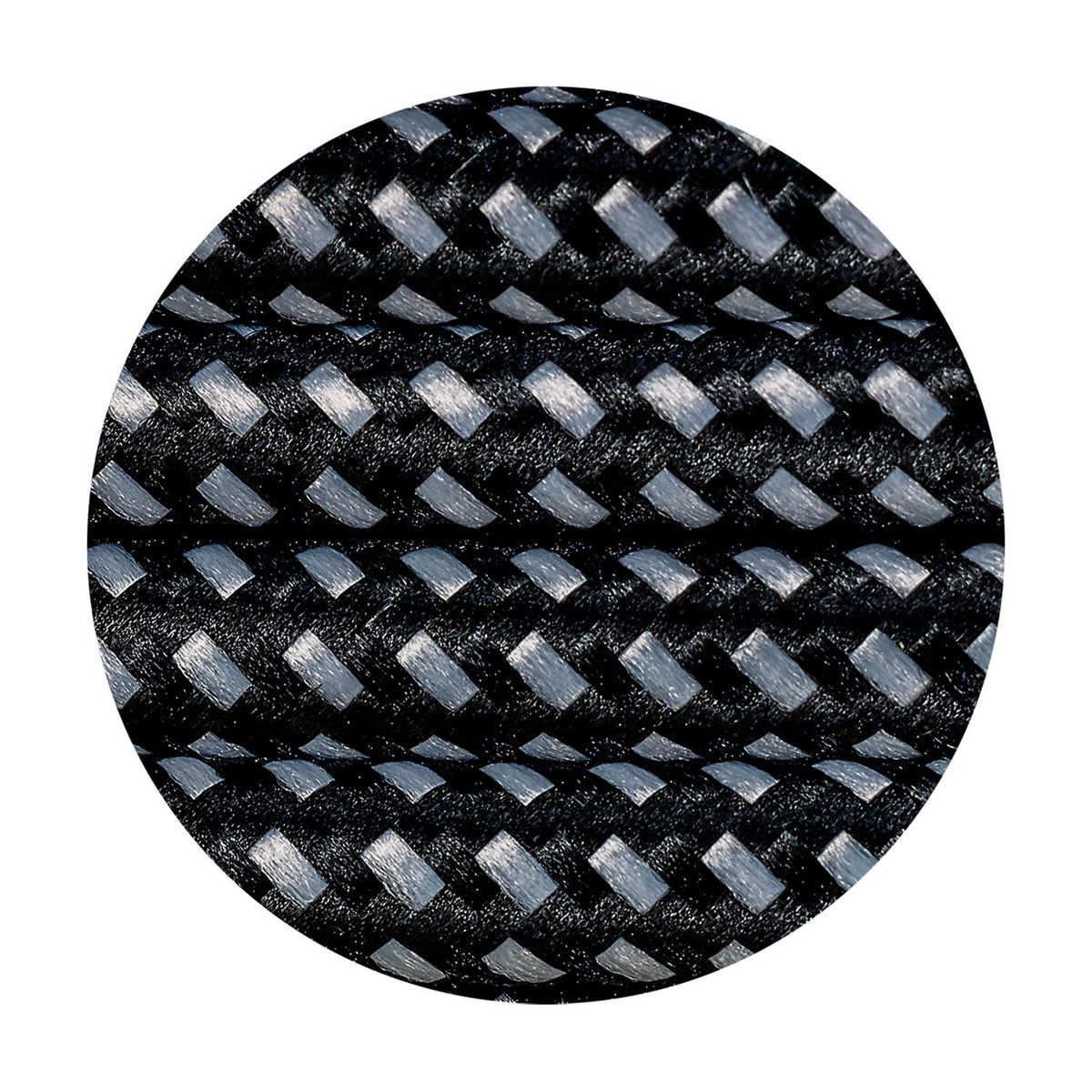 Close-up of Cavo braided two-core flex cable, 0.75mm copper conductors with black and white woven fabric sleeve creating a fine speckled pattern.