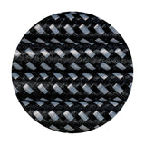 Close-up of Cavo braided two-core flex cable, 0.75mm copper conductors with black and white woven fabric sleeve creating a fine speckled pattern.