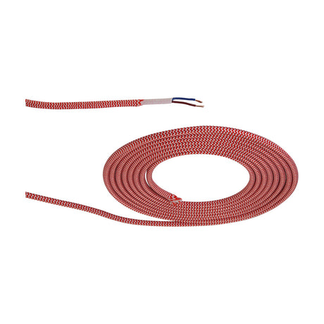 Cavo Cable, a coiled red and white wave-striped braided flex with 6mm diameter, shown with stripped ends revealing two-core copper conductors, on a plain white background.