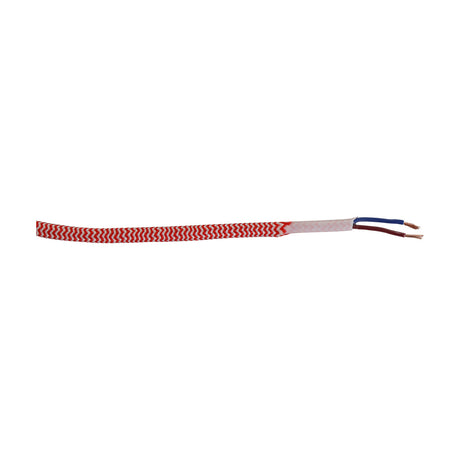 Cavo Cable 6mm dia lighting flex with red and white braided wave-striped sleeve, exposed two-core wire ends in blue and brown, shown on a plain white background.