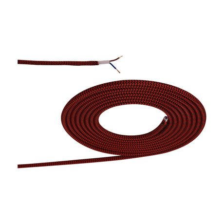 Cavo Cable 6mm Dia 1m Drop in red and black braided flex, coiled to show the woven wave-stripe pattern, with one end stripped to reveal two-core copper wires on a white background.