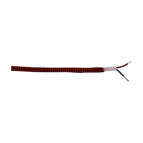 Cavo 6mm braided flex cable in red and black wave-pattern fabric, with stripped ends showing brown and blue copper cores, shown on a plain white background.