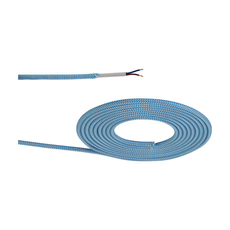 Cavo Cable, a round braided flex in blue and white wave pattern, coiled on a plain white background with one end stripped to reveal twin copper cores.