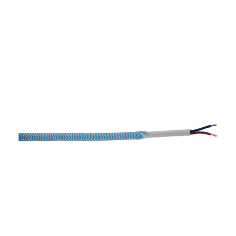 Cavo Cable lighting flex, 6mm diameter, with blue and white braided fabric sleeve, showing exposed twin copper cores with blue and brown insulation at the stripped end, on a plain white background.
